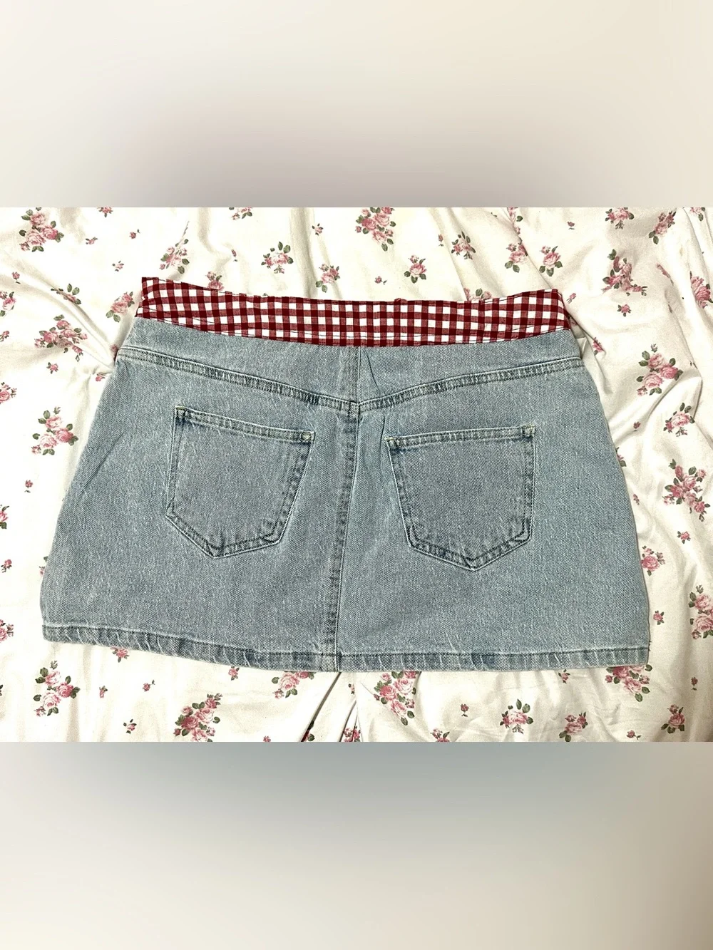 No Boundaries Light Blue Denim Mini Skirt with Red Gingham Waist Tie - Picture 2 of 8